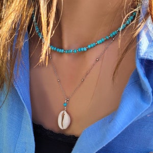 925 Sterling Silver chain necklace with Kauri shell and gemstone, handmade beach jewellery, boho style summer necklace