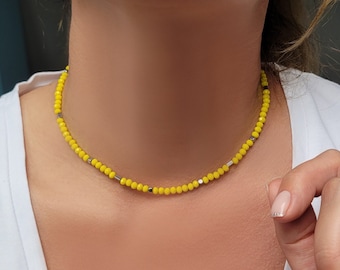 Collier ras de cou en argent sterling 925 avec perles jaunes, bijoux d'été colorés, bijoux boho hippie mode