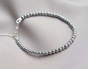 Natural stone silver bead bracelet, Sterling Silver handmade summer jewelry, modern hematite minimalistic jewellery
