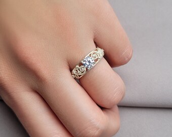 925 Sterling Silver ring with zircons, oriental openwork handmade ring, original design engagement ring