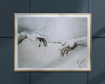 アダムの創造プリント：ミケランジェロの手による鉛筆画、A3サイズの