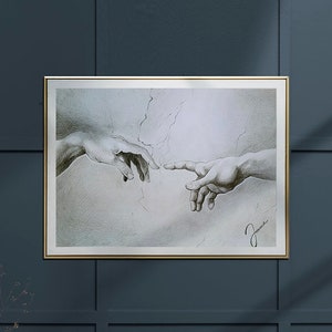 Mani, Creazione di Adamo Disegno a matita A3 su carta, piccola opera d'arte da appendere alla parete, regalo unico per la casa con le mani di Michelangelo, pezzo unico