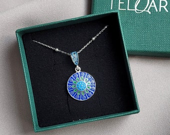 925 Sterling silver mandala floral pendant from Mardin, blue and green enamel oval necklace, authentic Turkish jewelry, ottoman pattern