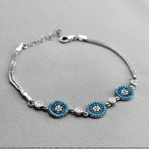 Turkish Evil Eye talisman bracelet, 925 Silver, oriental jewelry with zircon, delicate chain bracelet
