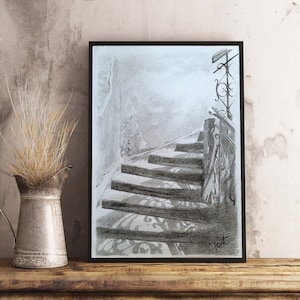 Disegno a matita su carta in formato A3, piccola opera d'arte da appendere alla parete, regalo unico per la casa, pezzo unico nel suo genere