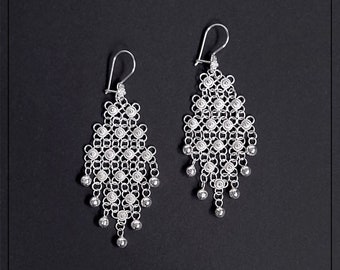 925 Sterling Silver big filigree hanging earrings, silver turkish jewelry, original telkari from Mardin, bride's jewellery, perfect gift
