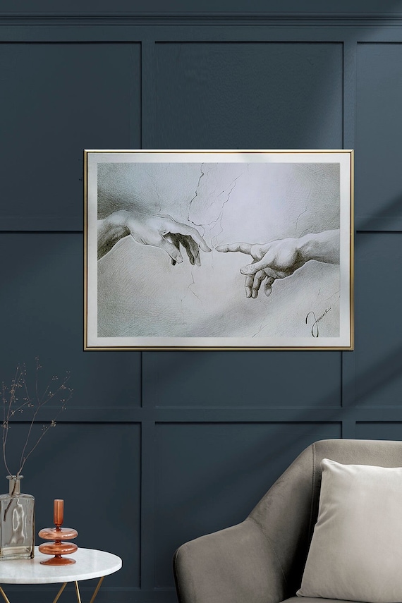 希少　Finesse Originals 壁掛け　アート アダムの創造プリント：ミケランジェロの手による鉛筆画、A3サイズの
