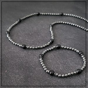 Natural stones men necklace with gray hematite and onyx, 925 sterling silver, unisex silver jewelry