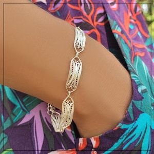 Beau bracelet en filigrane en argent sterling 925 avec de longs éléments, art telkari fait main de Mardin, bijoux turcs pour un cadeau