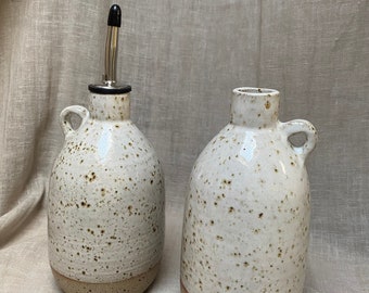 Stoneware ceramic olive oil vinegar dressing bottle with pouring spout