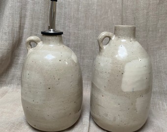 Stoneware ceramic olive oil vinegar dressing bottle with pouring spout