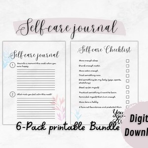 May include: Printable self-care journal and checklist bundle with a pink and blue watercolor background. The journal prompts include "Describe a moment this week when you were happy" and "What made you feel calm this week?" The checklist includes items like "Have enough sleep", "Drink enough water", and "Have done a hobby".