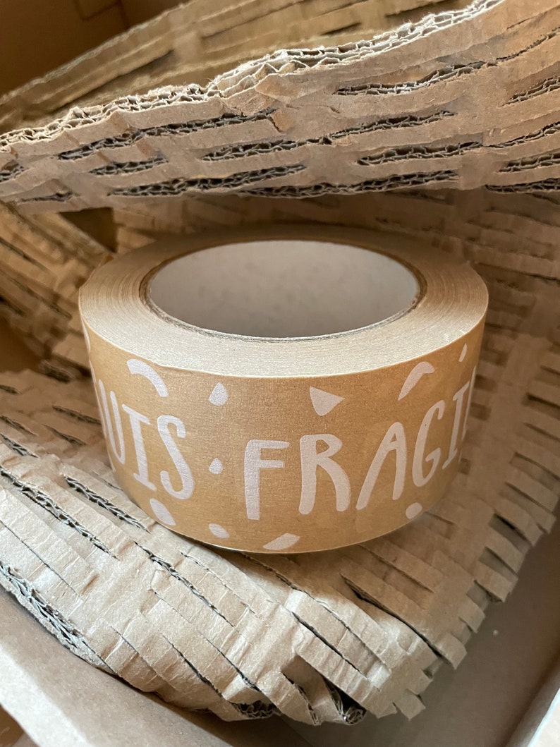 Fragile tape, kraft, packing,recyclable, ruban emballage, paper tape, ruban adhésif, adhesive tape,pattern, designer tape,kraft,boxes,colis image 1