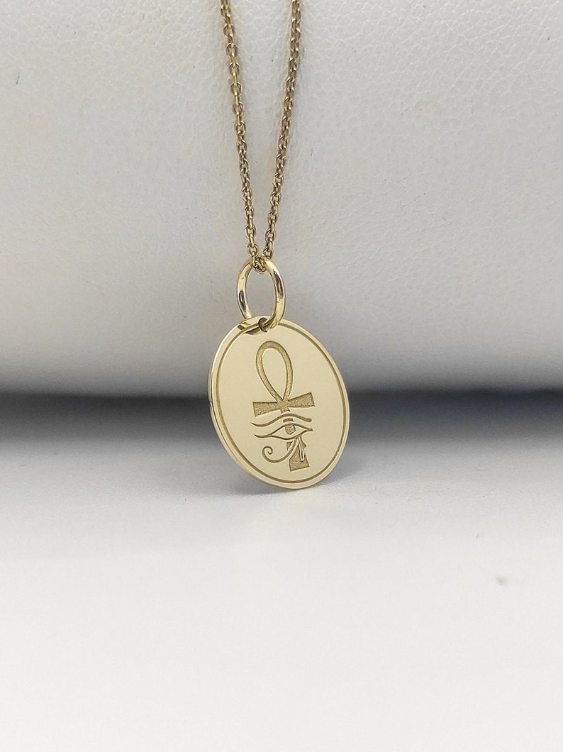 14K Solid Gold Ankh Pendant, Gold Eye of Ra Necklace, Personalized
