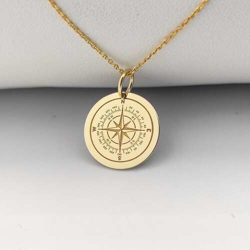 Compass Necklace 14K Real Gold Compass Pendant Personalized Etsy