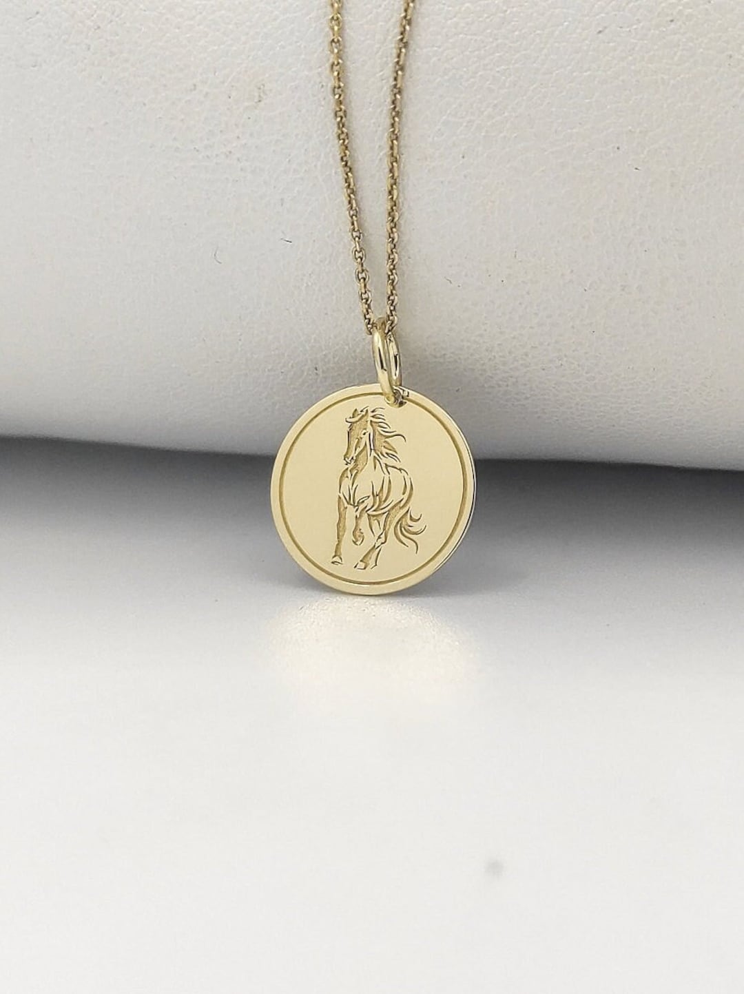 14K Solid Gold Horse Necklace, Engraved Animal Pendant, Personalized