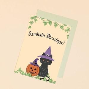 Samhain Blessings Black Cat Printable Greeting Card with Poem 5 x 7