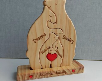 Puzzle de famille avec ours en bois avec socle, cadeaux personnalisés en bois, casse-tête de nom de famille gravé à la main, casse-tête de famille d'animaux, cadeau pour enfants