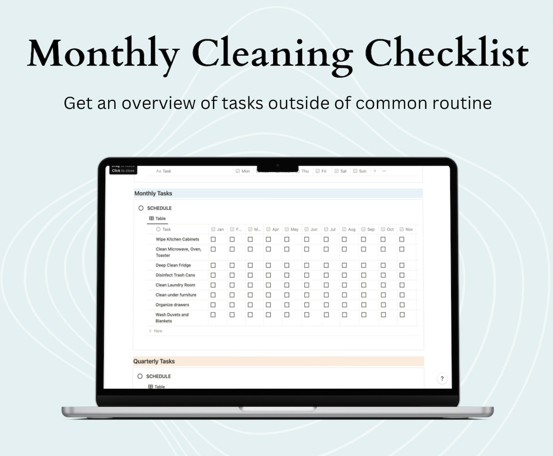 Cleaning Checklist Schedule for Notion, Weekly, Monthly, Yearly