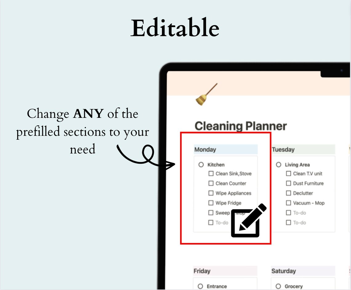 Cleaning Checklist Schedule for Notion, Weekly, Monthly, Yearly