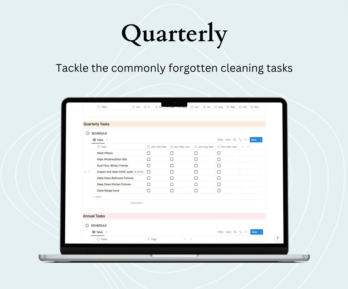Cleaning Checklist Schedule for Notion, Weekly, Monthly, Yearly