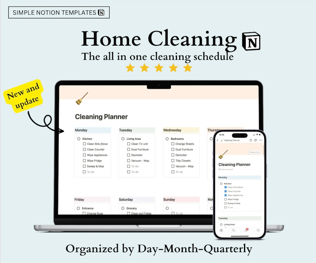 Cleaning Checklist Schedule for Notion, Weekly, Monthly, Yearly