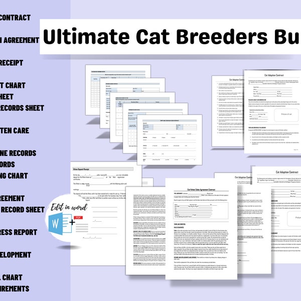 Cat Breeder’s Bundle | Pdf & Word Docs | Litter Weight, Vaccine Record, Worming, Health Record | Daily Care Sheet | Cat Deposit Contract