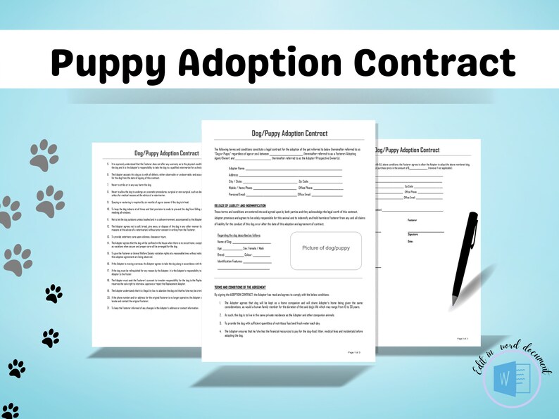 Puppy Adoption Contract PDF File &amp; Editable Template in Word - Etsy