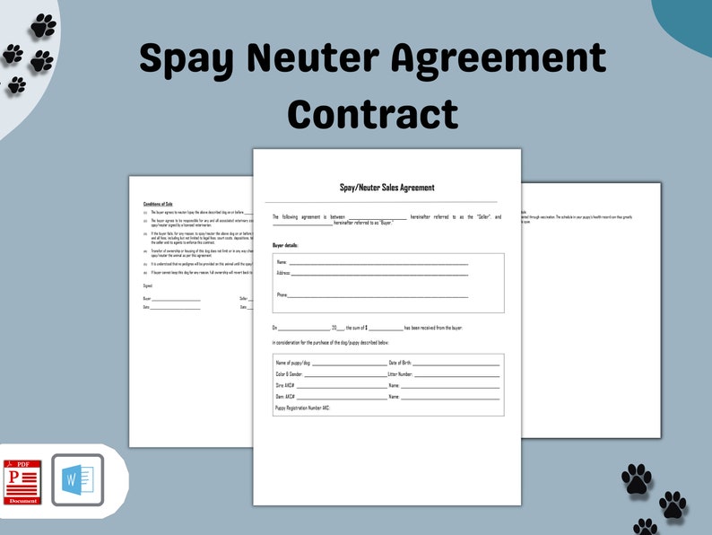 Dog Spay Neuter Agreement Contract Editable Template In Word Etsy
