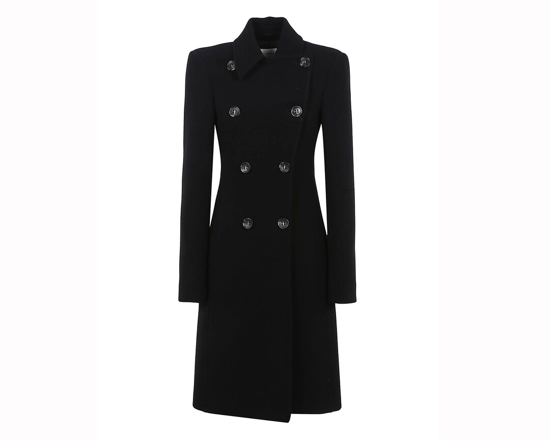 Women's Double Breasted Long Length Woolen Coat With Black Buttons