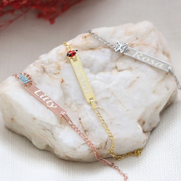 Pulsera con nombre de bebé, pulsera con nombre de bebé de oro de 14 quilates, regalo para bebé recién nacido, pulsera para niños, pulsera con placa de identificación