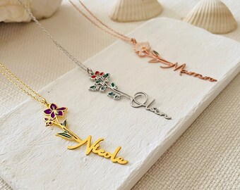 Collier coloré de nom de mois de naissance, collier de nom de fleur de naissance, collier de nom de fleur personnalisé, collier avec nom, cadeau d’anniversaire pour lui