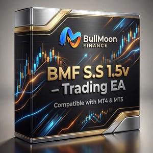 May include: A product box with a black background, silver and gold trim, and the BullMoon Finance logo. The box features the text "BMF S.S 1.5v - Trading EA" and "Compatible with MT4 & MT5", with a chart design.