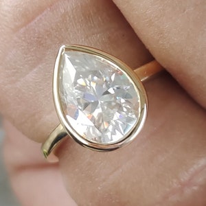 Pear Bezel Moissanite Engagement Ring/Solid Yellow Gold Bezel Hidden Halo Ring/Pear Wedding Ring/Propose Gift Ring/Unique Diamond Gift Ring
