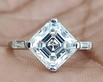 Asscher Cut Moissanite Engagement Ring: 14K Yellow Gold Baguette, Vintage Style