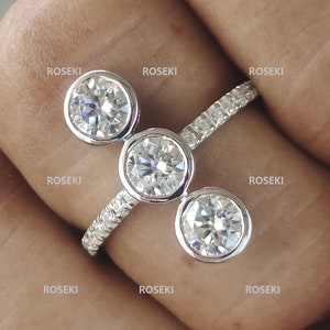 Three Stone Moissanite Unique Diamond Wedding Ring/Bezel Set Round Cut  Engagement Ring/14k White Gold Promise Anniversary Ring For Wife