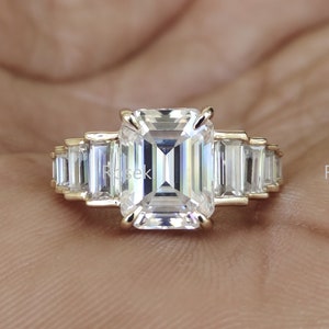 Emerald Cut Moissanite Engagement Ring: Yellow Gold Art Deco Anniversary Ring
