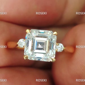 Asscser Cut Moissanite Engagement Ring/14K Gold Ring/Art Deco Vintage Ring/Unique  Promise Anniversary Ring/Three Stone Ring/Wedding Ring
