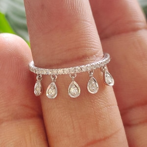 Dangling Diamond Ring / Round  Moissanite Diamond Charm Ring / White Gold Tassel Ring  / Drop Fine Ring / Unique Hanging Ring / Dangle Ring