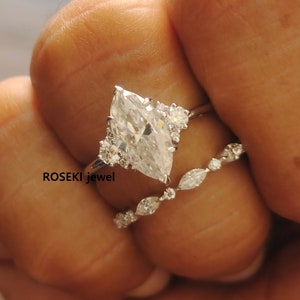 Marquise Moissanite Engagement Ring Set/White Gold Wedding Ring Set/ Unique Cluster Bridal Set/Marquise Cut Diamond Ring Set Gift For Women