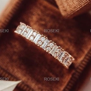 Baguette & Round Cut Moissanite Diamond Band/Baguette14k Rose Gold Wedding Band/Half Eternity  Unique Stacking Ring/Promise Anniversary Gift