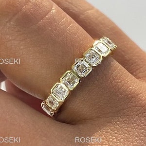 Bezel Set Moissanite Full Eternity Wedding Band/4.00 mm Asscher Cut Moissanite Wedding Band/14k Yellow Gold Luxurious Style  Engagement Ring