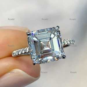 CERTIFIED Asscher Cut Moissanite Engagement Ring, 14k White Gold Hidden Halo Popular Style  Ring, Anniversary Gift Ring, Vintage Bridal Ring