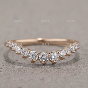 Vintage Rose Gold Moissanite Wedding Band: Curved Diamond Anniversary Ring