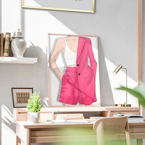 Fashion woman wall art / Poster for download / Abstract girl wearing pink suit decor / Modern female print / Well dressed girl in pink