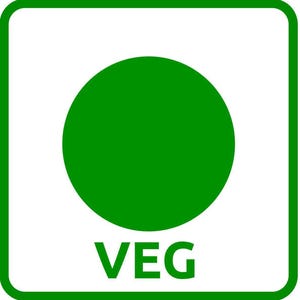 May include: A green circle inside a green-bordered white square, with the word "VEG" in green letters below the circle. This is a vegetarian food label.