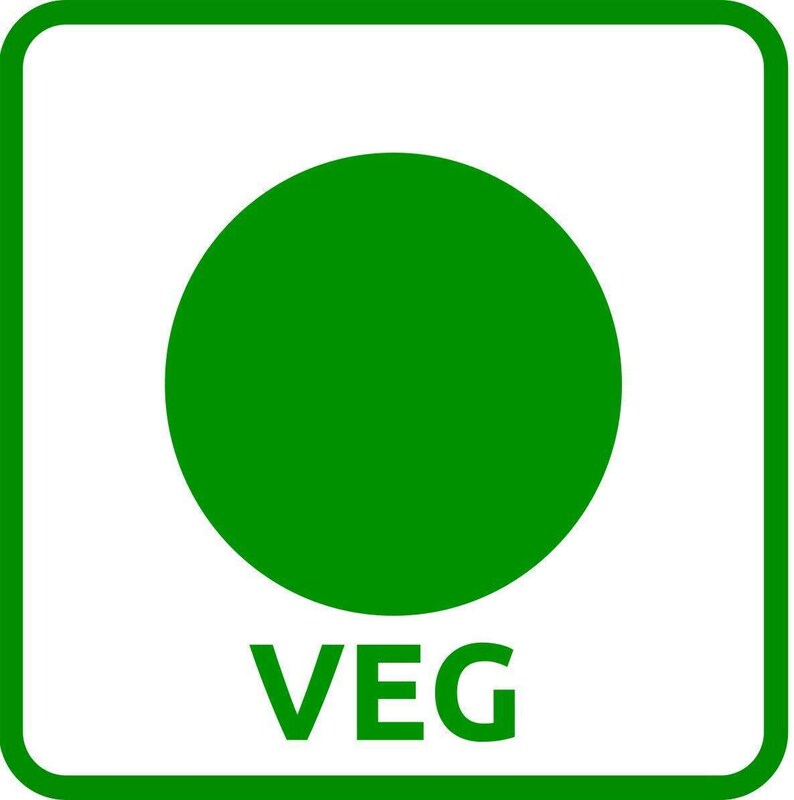 May include: A green circle inside a green-bordered white square, with the word "VEG" in green letters below the circle. This is a vegetarian food label.