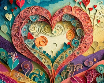 May include: A colorful paper art heart with intricate details and a layered design. The heart is surrounded by flowers and leaves, creating a whimsical and romantic scene.