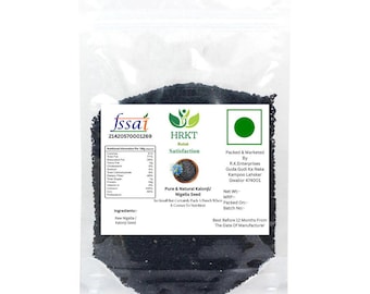 May include: A resealable bag of black nigella seeds, also known as kalonji seeds. The bag has a label with the text "HRKT Relish Satisfaction Pure & Natural Kalonji/Nigella Seed" and the text "Packed & Marketed By R.K. Enterprises Guda Gudi Ka Naka Kampoo Lahskar Gwalior 474001".