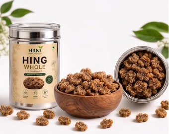 May include: A silver metal canister labeled HRKT Hing Whole containing brown, textured, flower-shaped resin pieces. A wooden bowl is filled with the same brown resin pieces, and more are scattered around the base of the canister and bowl.